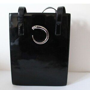 Cartier Vintage Black Silver Panther Pantent Leather Handbag
